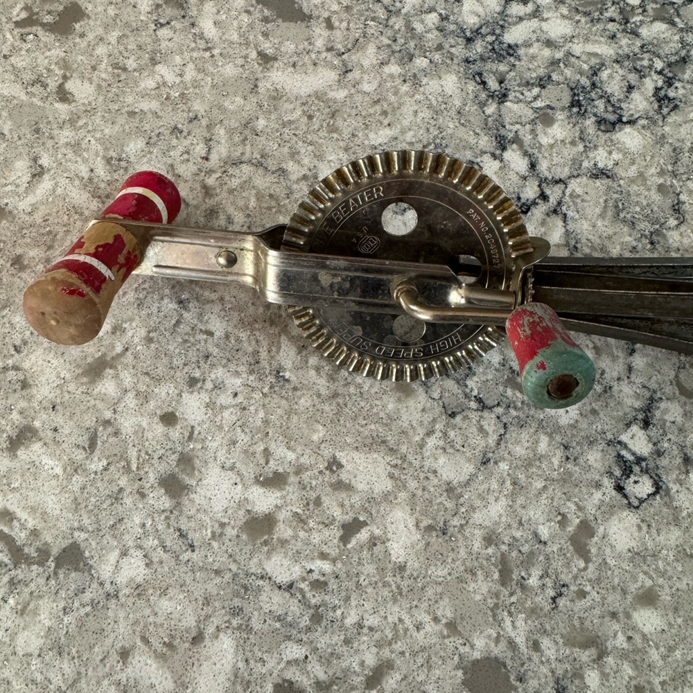 Classic Red and Green Handheld Drill with Wooden Handle